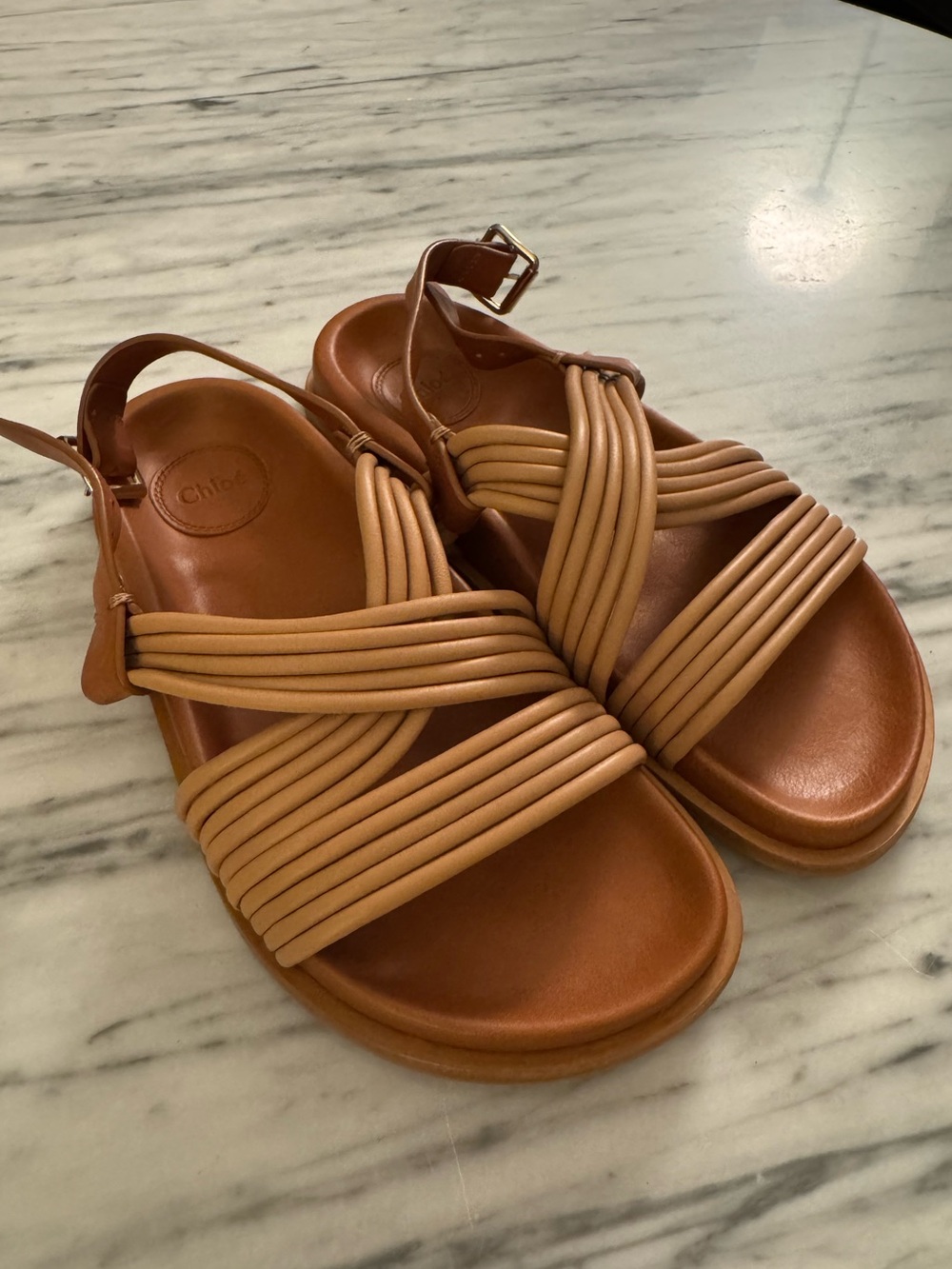 Chloe Tan Strappy Leather Flat Sandals